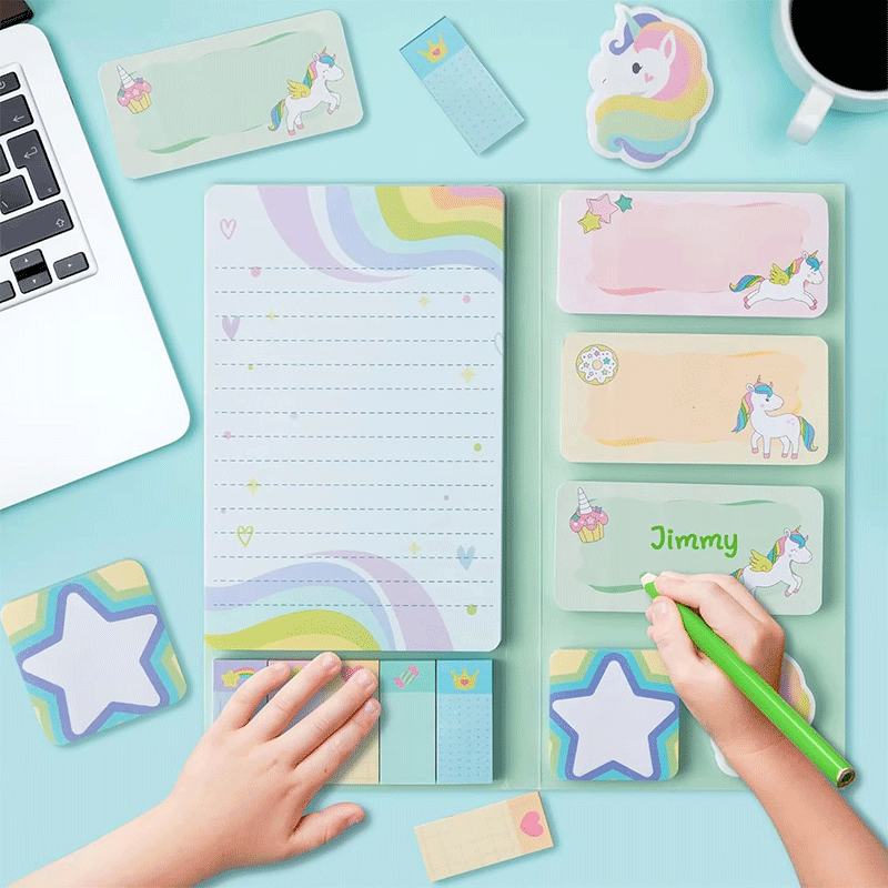 Bloc de notas adhesivas con temática de unicornio y arcoíris
